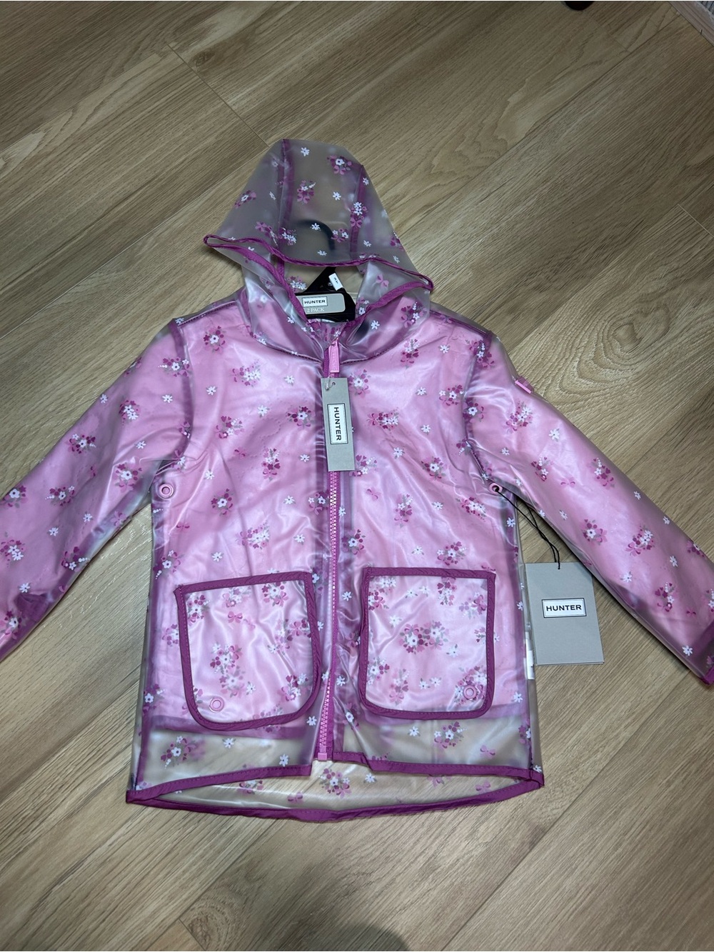 Hunter Pink Floral Kids' Transparent Rain Jacket with Hood